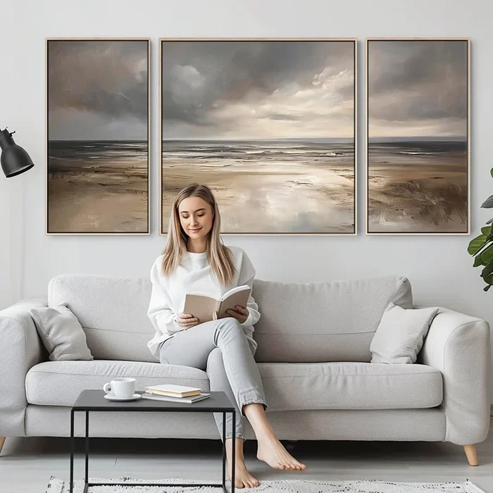 Extra Large Grey Neutral Set of 3 Framed Canvas Abstract – Dream Horizon