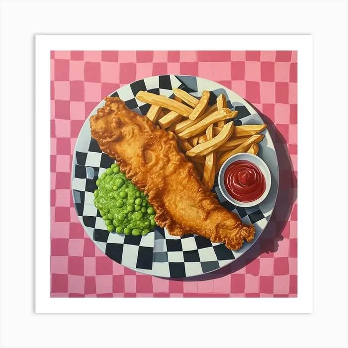 Fish & Chips Pink Checkerboard 4 Art Print by Artful Appetite