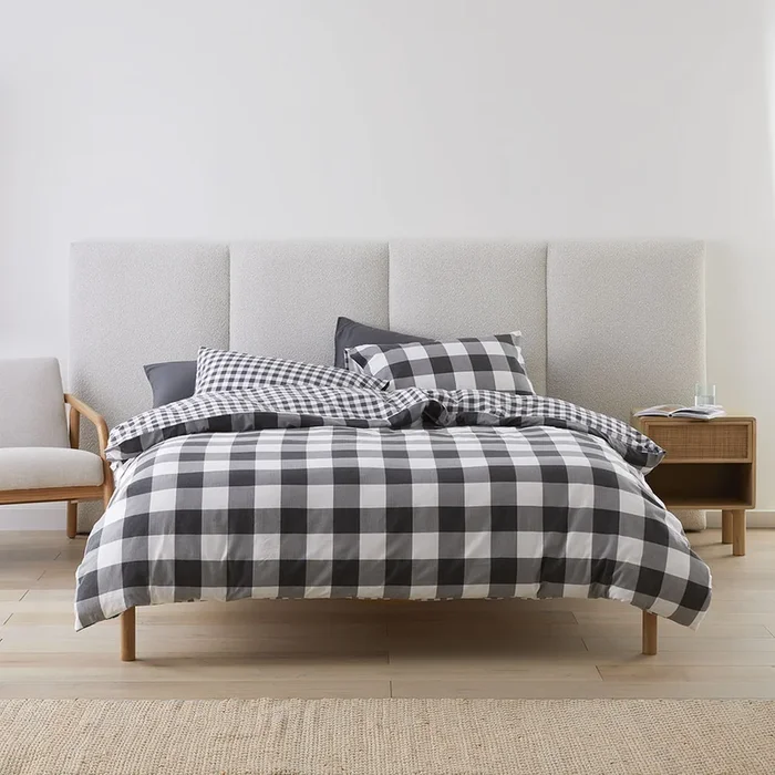 Flannelette Printed Charcoal Check Quilt Cover Set
