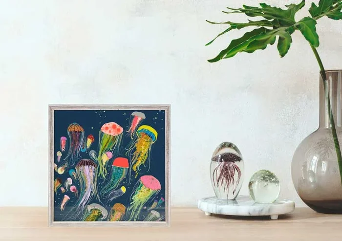 Floating Jellyfish Indigo Mini Framed Canvas