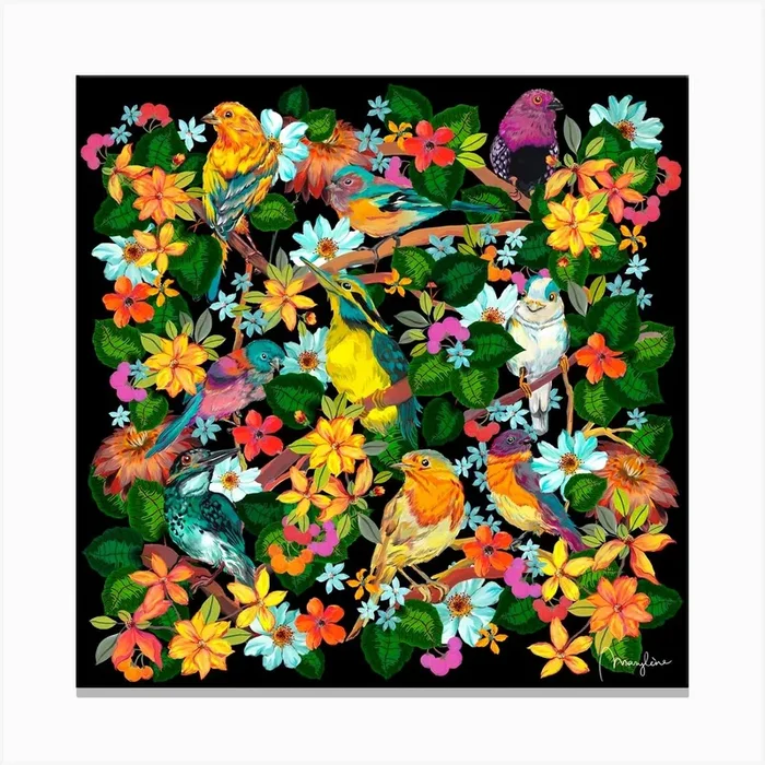 Forest Birds Foliage Square Canvas Print by Marylène Madou