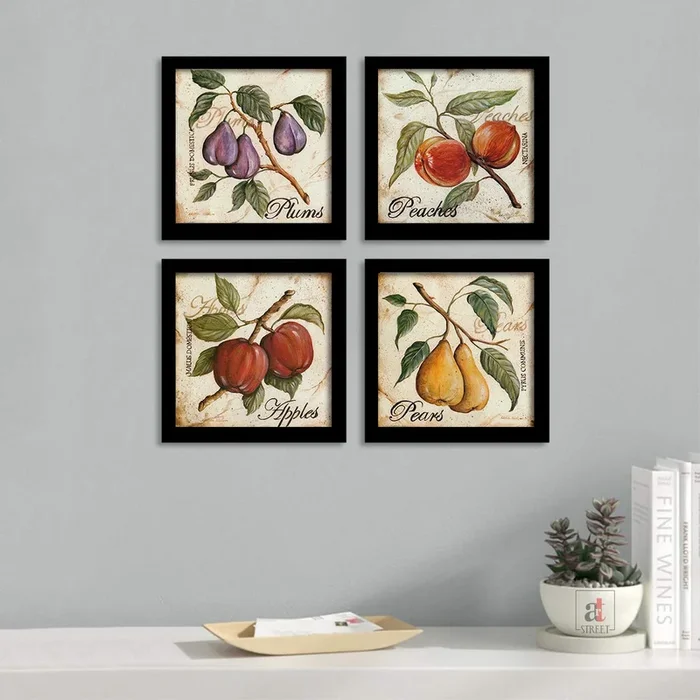 Fruits Printed Set Of 4 Black Framed Paper Art Prints Size – 9″ x 9″ Inch
