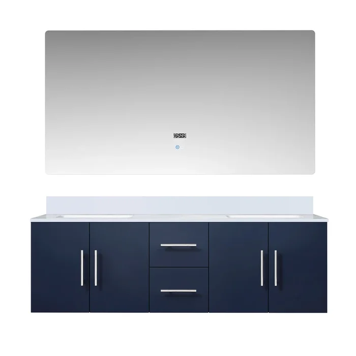 Geneva 60 in. W x 22 in. D Navy Blue Double Bath Vanity, White Quartz Top, and 60 in. LED Mirror