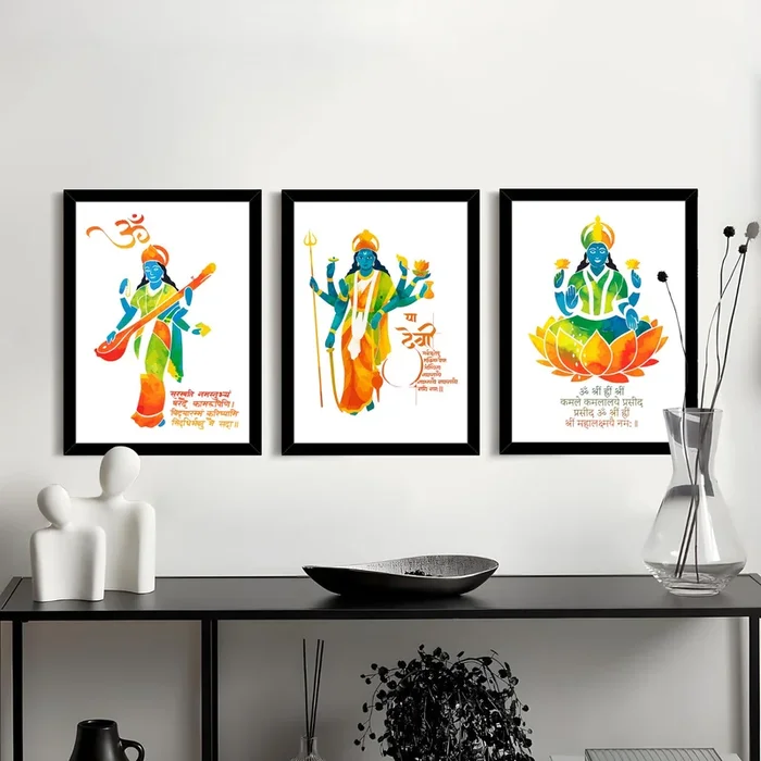 Hindu Religius Framed Wall Art Print of Goddess Saraswati, Durga, Lakshmi with Shlok Pack of 3 | Digital Painting on matt Laminated Paper (24×33 cm)