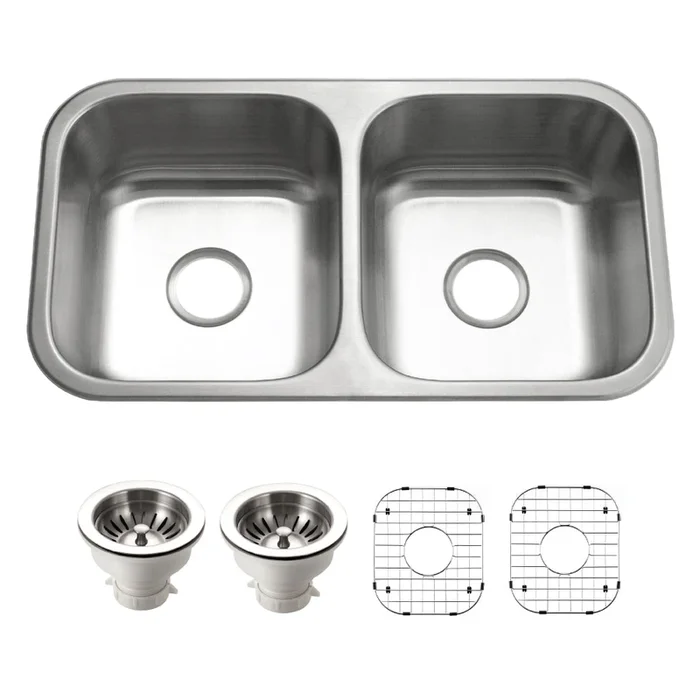 Houzer Belleo 32 ” Stainless Steel Drop-in Topmount 50/50 Double Bowl Kitchen Sink with Strainers & Grids