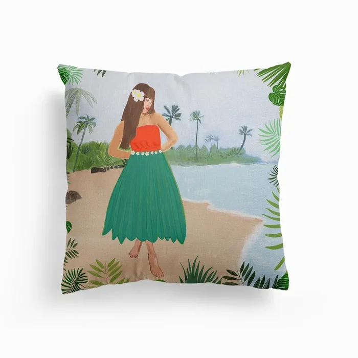 Hula Dancer Hawaiian Girl Art Print Canvas Cushion by Gulsen Gunel