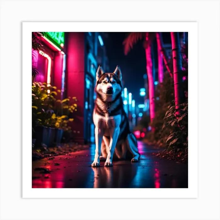 Husky Dog At Night Art Print by Pixelverse