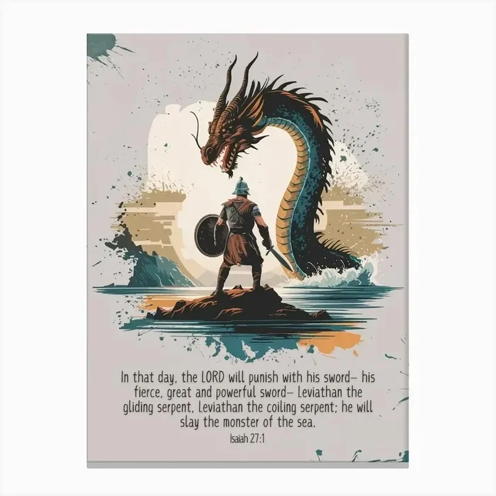 Isaiah 27:1, “In that day, the LORD will punish with his sword— his fierce, great and powerful sword— Leviathan the gliding serpent, Leviathan the coiling serpent; he will slay the monster of the sea.”, Dragon in the raging sea, Hero, God, Christian Art, Bible Verse Canvas Print by Jo Sherman