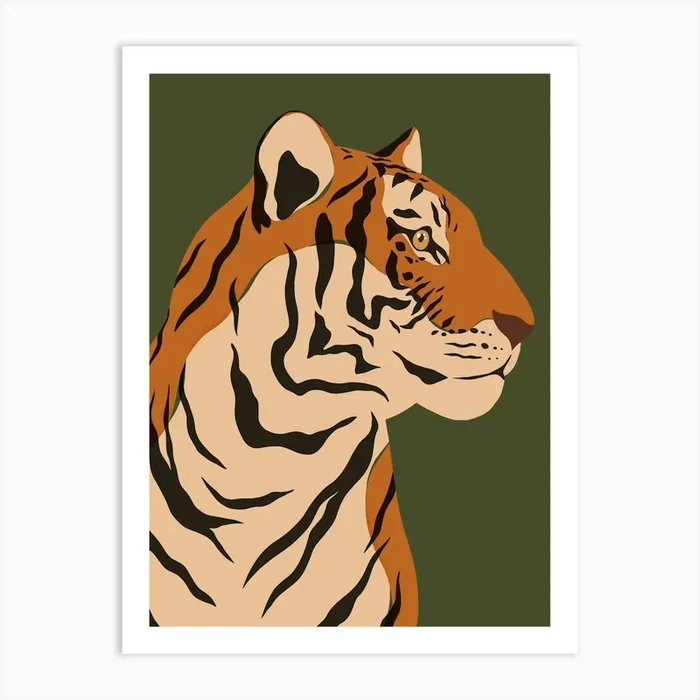 Jungle Safari Tiger on Dark Green Art Print by Fleur Folk