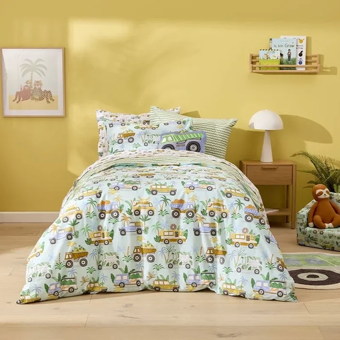 Jungle Trucks Mint Quilt Cover Set