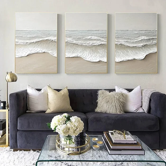 Large 3D Ocean Wave Canvas Art Neutral Modern Set of 3 #OP 067
