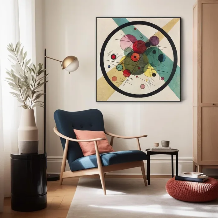 Large Abstract Kandinsky Wall Art Framed Canvas Print of Circles within a Circle Abstract Painting – 100cm x 100cm