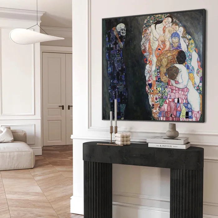 Large Colourful Gustav Klimt Wall Art Framed Canvas Print of Death and Life Painting – 100cm x 100cm