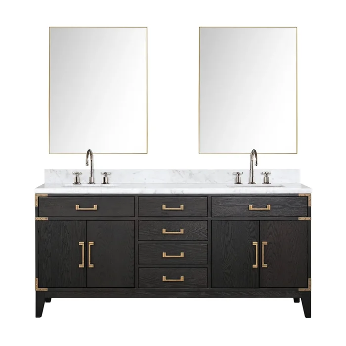 Laurel 72 in W x 22 in D Black Oak Double Bath Vanity, Carrara Marble Top, Faucet Set, and 34 in Mirrors