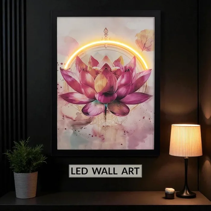 LED Lotus Flower Wall Art Print with Wooden Frame, Feng Shui Vastu Wall Decor, Lotus Painting with LED Light – 43×58 cm