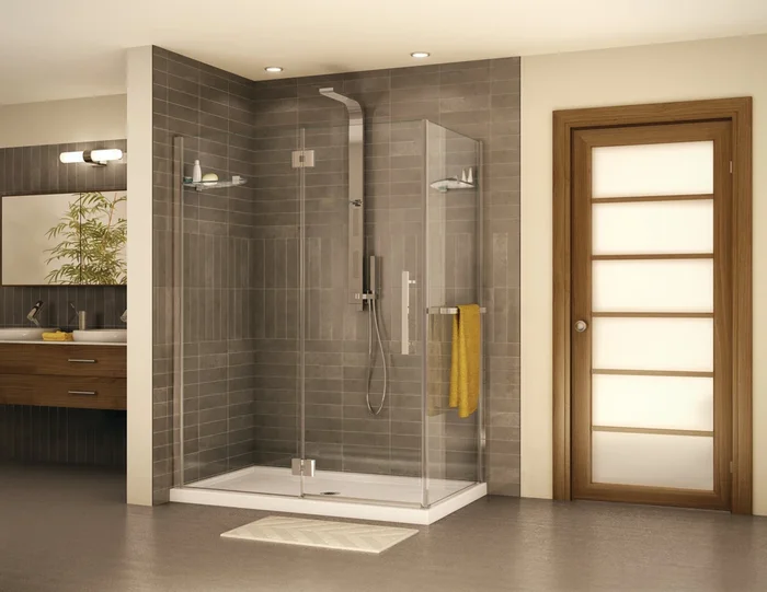 Lexus Left Handed Oval Hinge 2 sided Shower Door with Flat Handle & Flat Towel Bar – 48 “