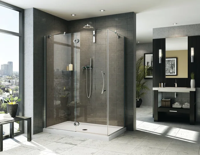 Lexus Left Handed Rectangle Hinge 2 sided Shower Door with Twist Handle & Round Towel Bar – 34 “