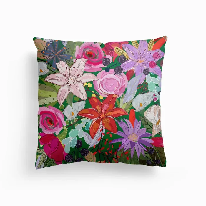 Lily And Colorful Flowers Pattern Canvas Cushion by Gulsen Gunel