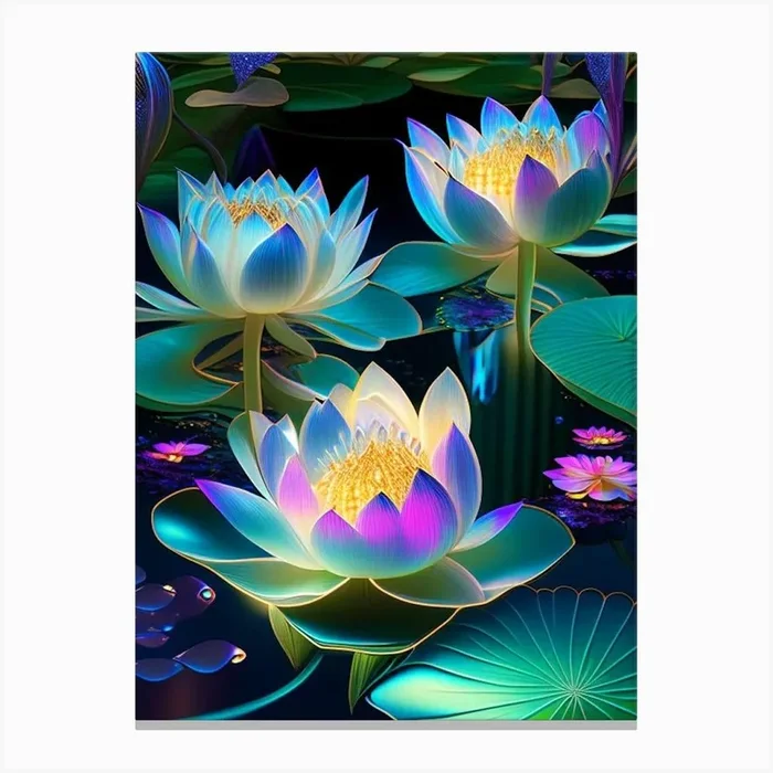 Lotus Flowers In Garden Holographic 3 Canvas Print by The Artsy Florist