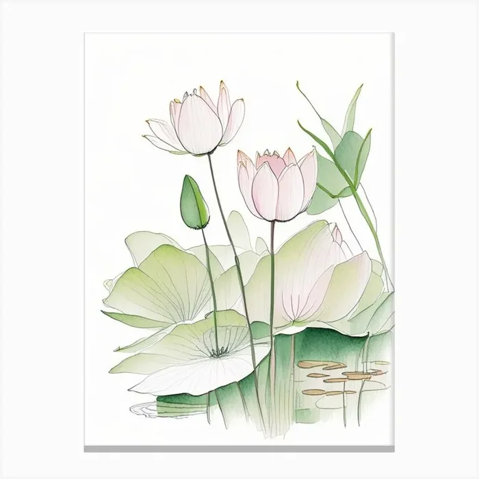 Lotus Flowers In Park Pencil Illustration 1 Canvas Print by The Artsy Florist