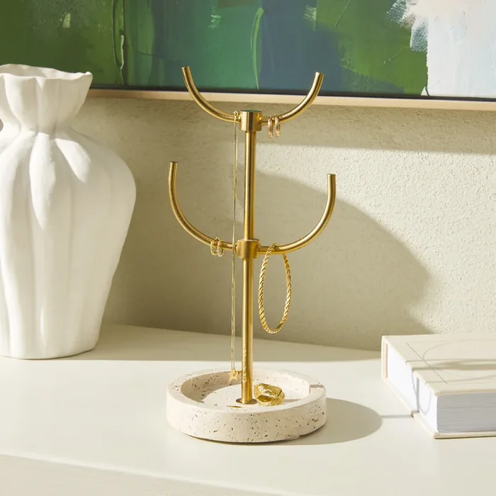 Marble Travertine & Gold Tree Jewellery Stand