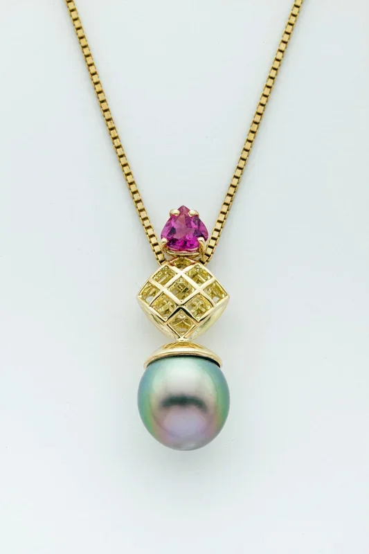 Mesh 14K Diamond Pendant with Tahitian Drop Pearl and Pink Tourmaline
