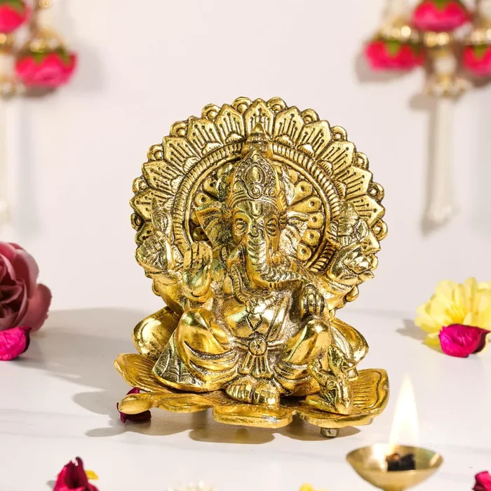 Metal Ganesha Sitting Idol on Lotus Traditional Ganesha Brass Finished Idol Diwali Decoration, Brass Finished, Handcrafted Design 14×16 cm