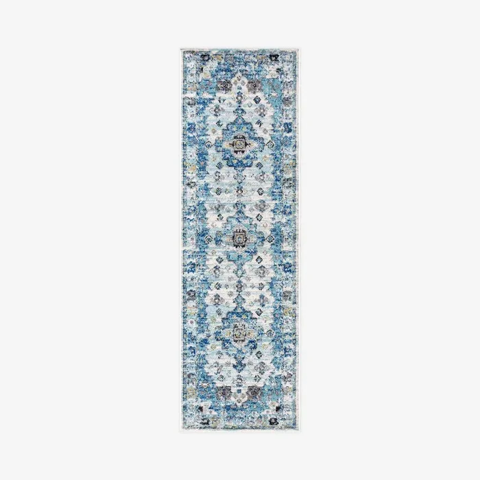 Modern Persian Boho Vintage Medallion Runner Rug – Cream / Blue by JONATHAN Y