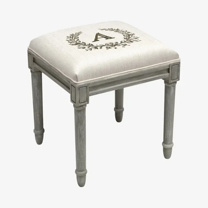 Monogram Vanity Stool – Linen / Grey – Letter A by 123Creations
