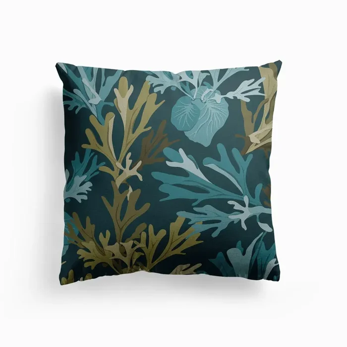 Olive Green And Turquoise Fern Leaves Canvas Cushion by SYChen Design
