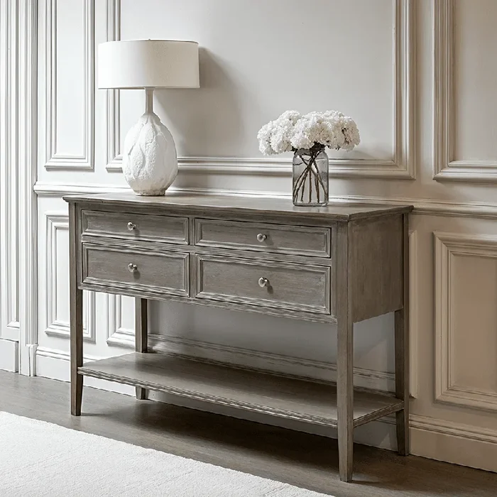Palma Grey Washed Wood 4 Drawer Console Table