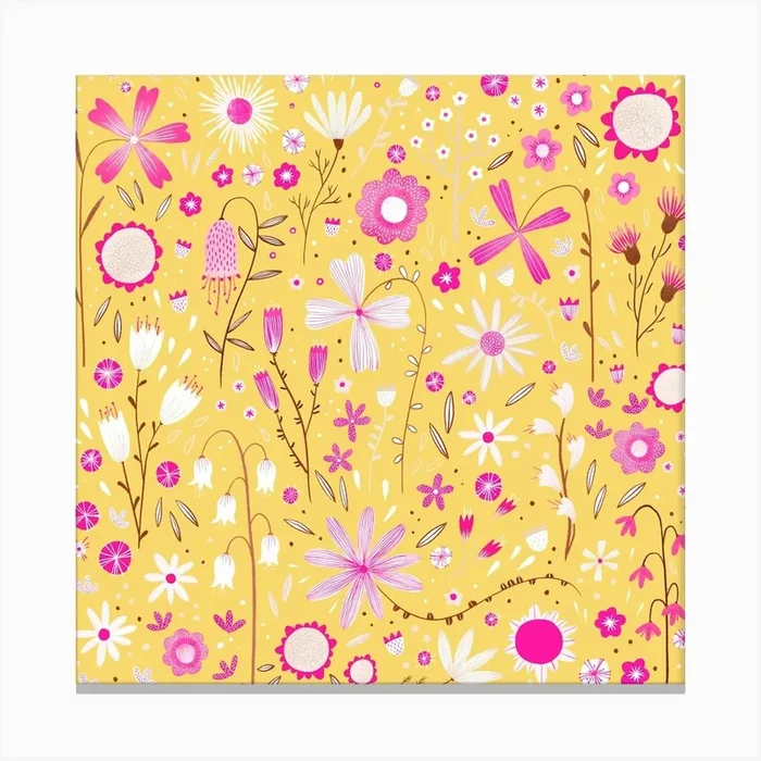 Pink and White Wild Flowers on Yellow Canvas PrintNS by Nic Squirrell