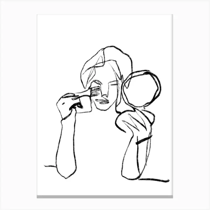 Portrait of a Woman Line Drawing Applying Makeup 02 Canvas Print by The Printable Studio