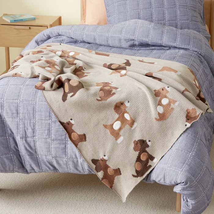Puppy Love Natural Applique Knitted Throw