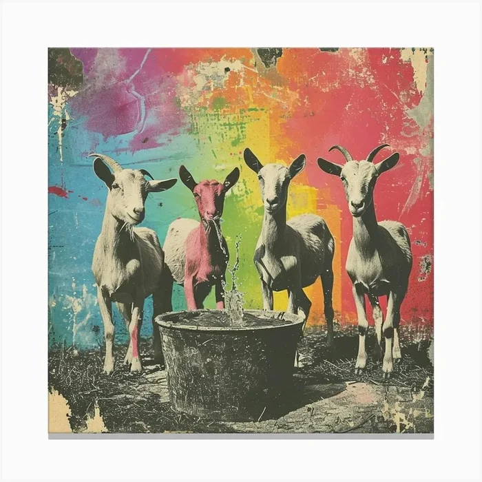 Rainbow Retro Goat Collage 1 Canvas Print by Bubblegum Kitsch