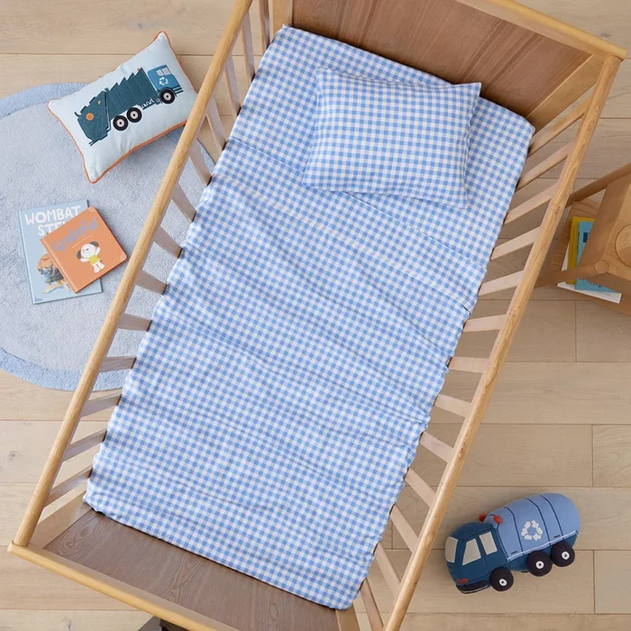 Rylee Blue Gingham Flannelette Cot Sheet Set