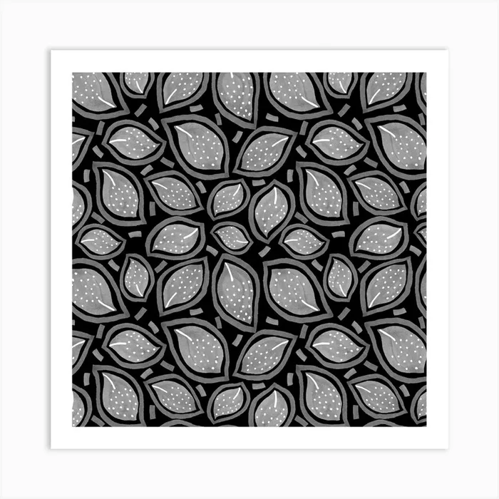 Scattered Leaves Polka Dot Gray On Black Art Print by Shelworks Stationery