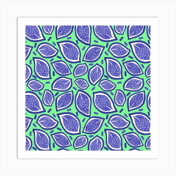 Scattered Leaves Polka Dot Navy On Green Art Print by Shelworks Stationery