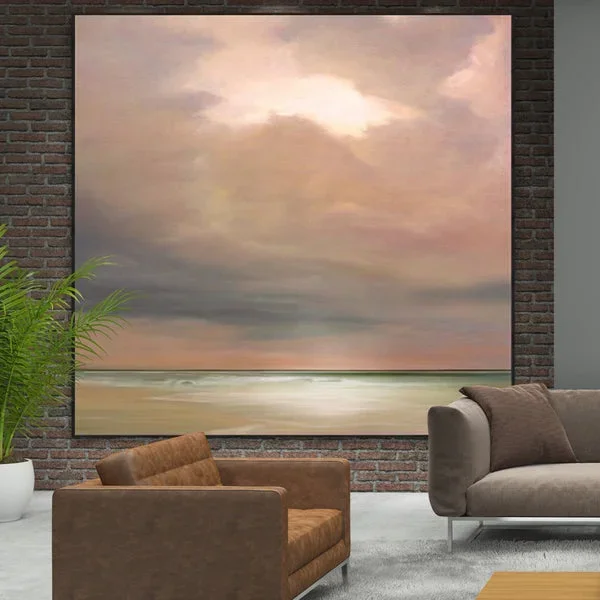 Seascape Abstract Painting, Original Canvas Wall Art, “Pink Ocean” Oil on Canvas
