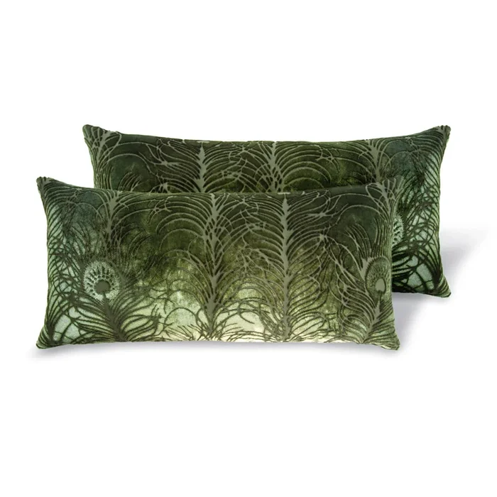 Set of 2 Peacock Feather Mini Velvet Pillows – Evergreen
