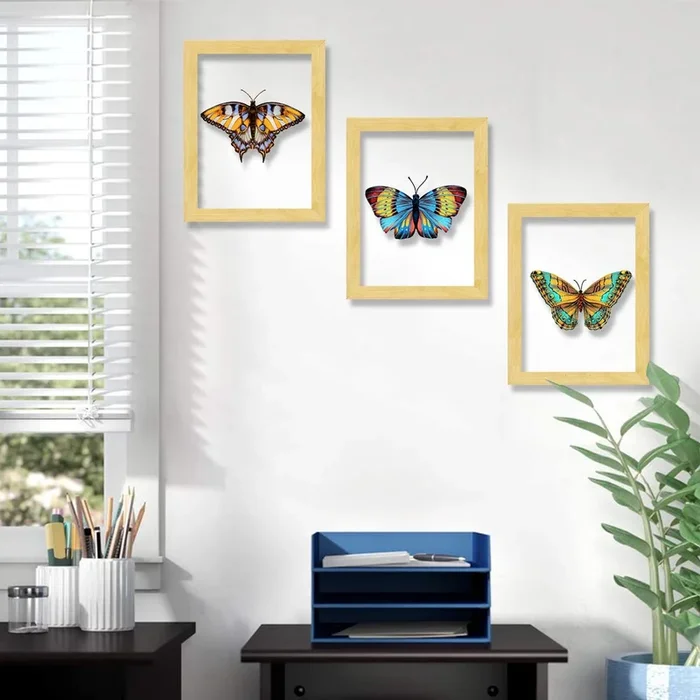 Set of 3 Wooden Wall Art Butterfly Designed Clear Acrylic Glass Framed Art Print (Size – 11.2×31 Inches)