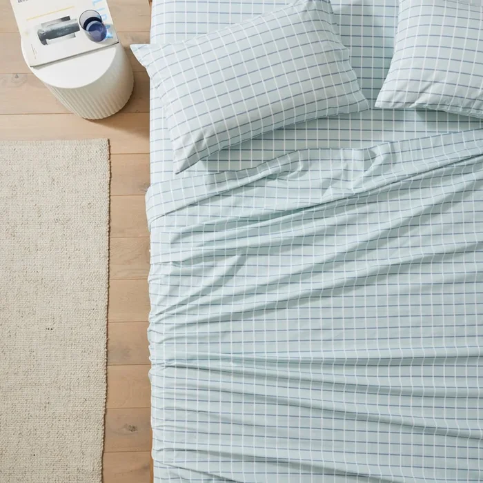 Sky Blue Grid Printed Percale Sheet Set