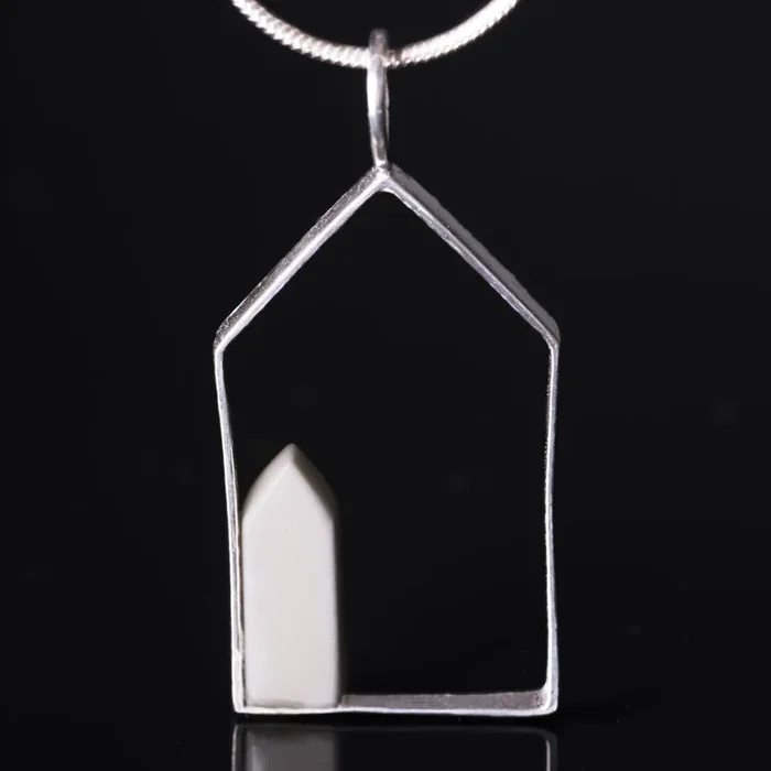 Sterling Silver House Shaped Pendant with Porcelain House