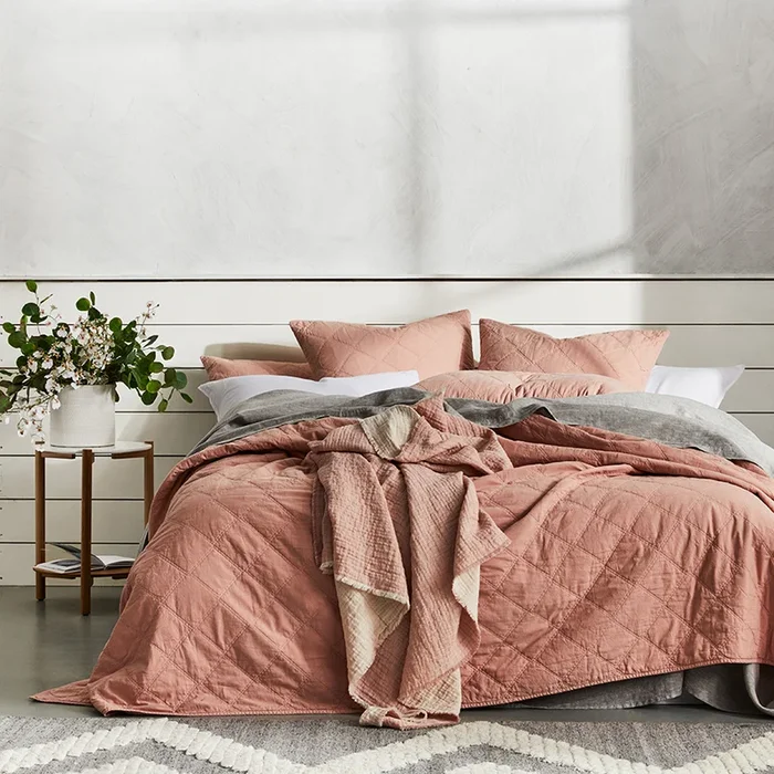 Stonewashed Cotton Dusty Pink Quilted Coverlet Separates