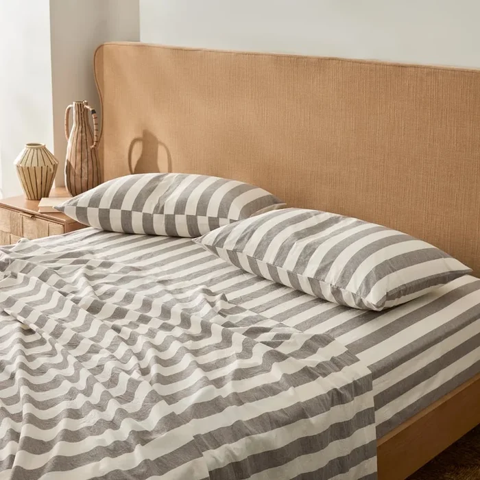 Stonewashed Cotton Natural & Chocolate Stripe Sheet Set