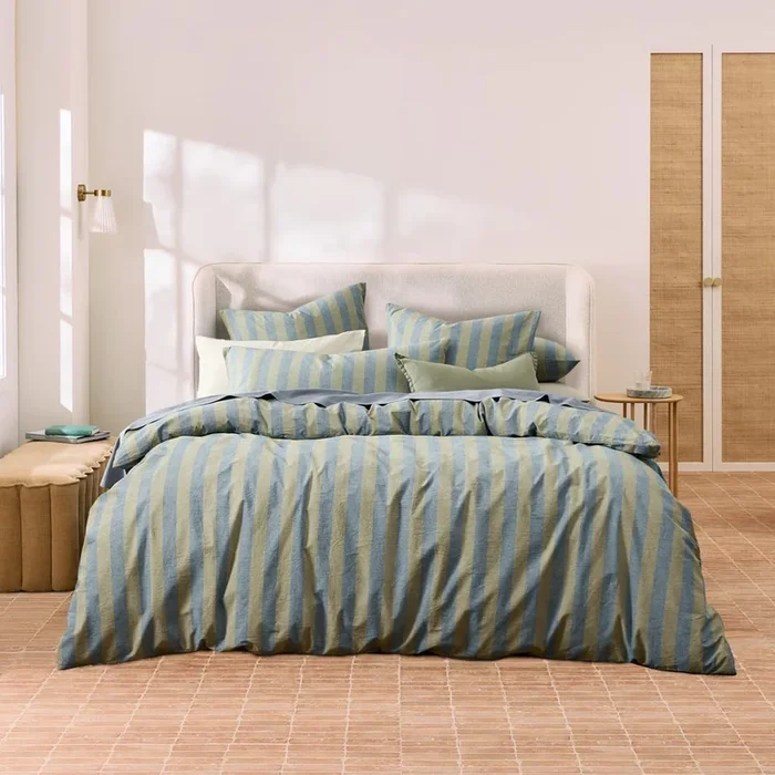 Stonewashed Cotton Olive and Denim Block Stripe Quilt Cover Separates