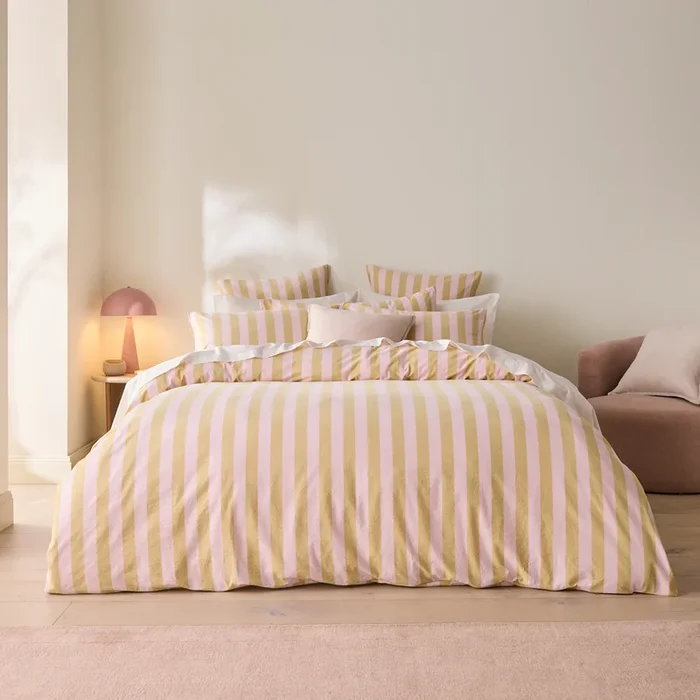 Stonewashed Cotton Pink & Olive Oil Block Stripe Quilt Cover Separates