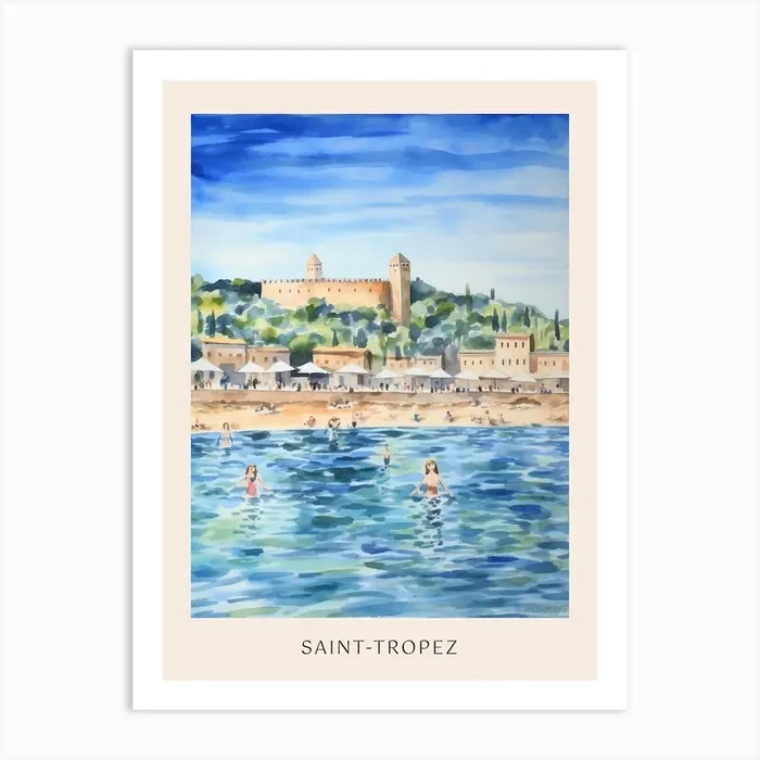 Swimming In Saint Tropez France Watercolour Poster Art Print by MedArt