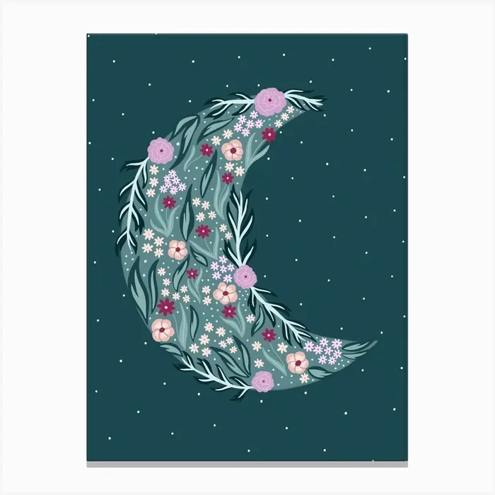 Teal Botanical Moon Canvas Print by Happy Mouse Studio