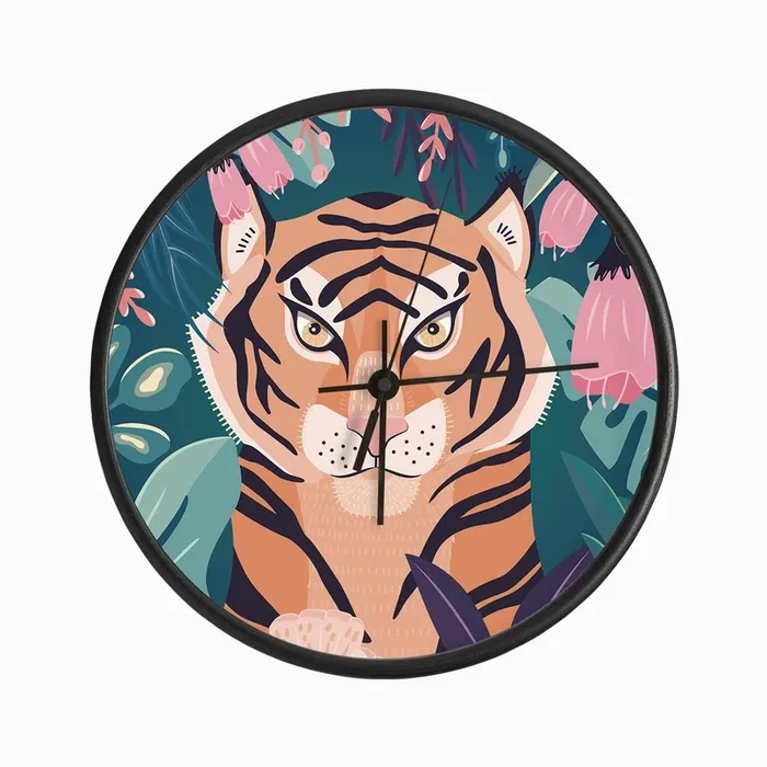 Tiger Portrait With Florals On Green Clock by BlueLela